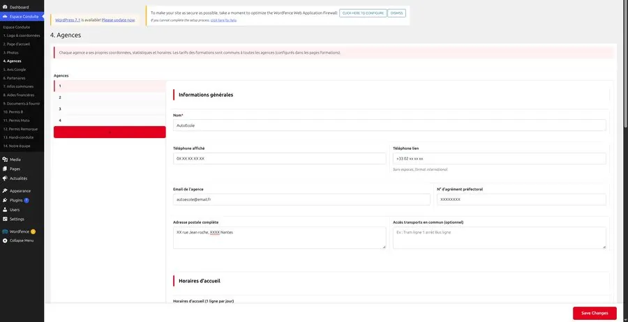Interface d’administration du thème, côté client