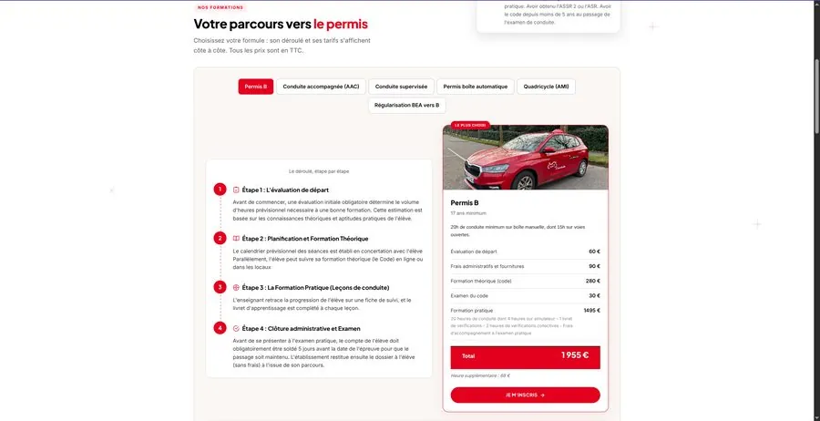 Page d’une formation, ses sous-types et le détail des tarifs